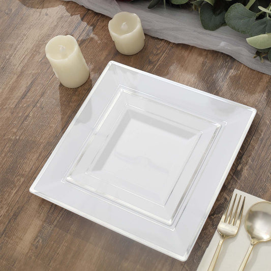 10 Pack 7" Silver Trim White Plastic Square Dessert Plates, Disposable Appetizer Salad Plates